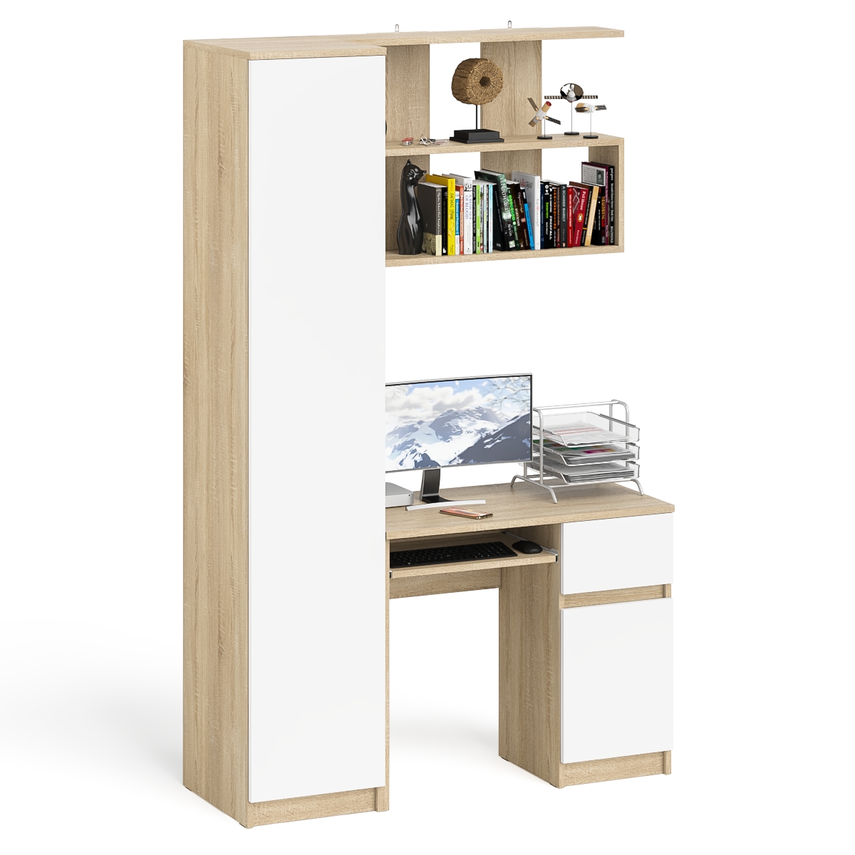 Стол компьютерный Мори МС-1 правый + Пенал МШ400.1 + Полка 900, цвет дуб сонома/белый, ШхГхВ 130,4х50,4х209,6 см., НЕ универсальная сборка