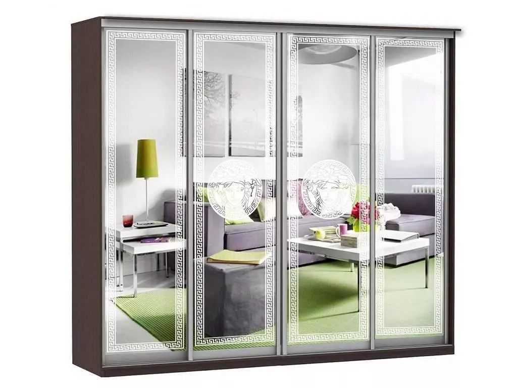 Шкаф купе Модерн 2362х600  4-х дверный 3-х секционный зеркальный с пескоструем №1 венге